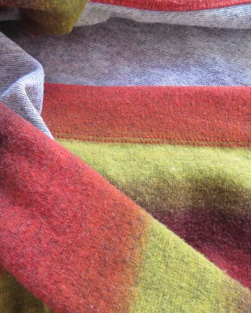 Warm mustard/coral/brick colour striped long sleeve stretch poly top.Size 38 by EXACT.Cross over