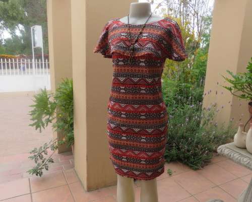 Eye catching graphic printed autumn colour slip over dress. Bertha collar by JUDY`S PRIDE size 36
