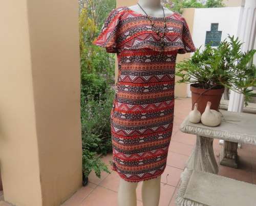 Eye catching graphic printed autumn colour slip over dress. Bertha collar by JUDY`S PRIDE size 36