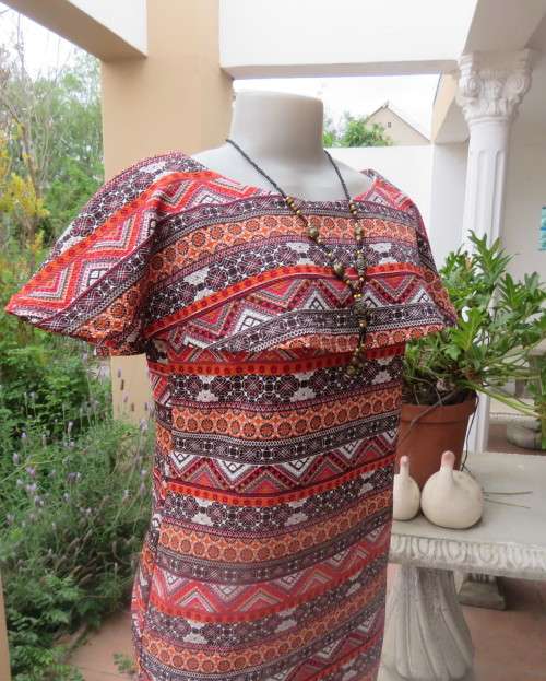Eye catching graphic printed autumn colour slip over dress. Bertha collar by JUDY`S PRIDE size 36