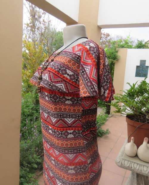 Eye catching graphic printed autumn colour slip over dress. Bertha collar by JUDY`S PRIDE size 36