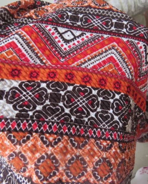 Eye catching graphic printed autumn colour slip over dress. Bertha collar by JUDY`S PRIDE size 36