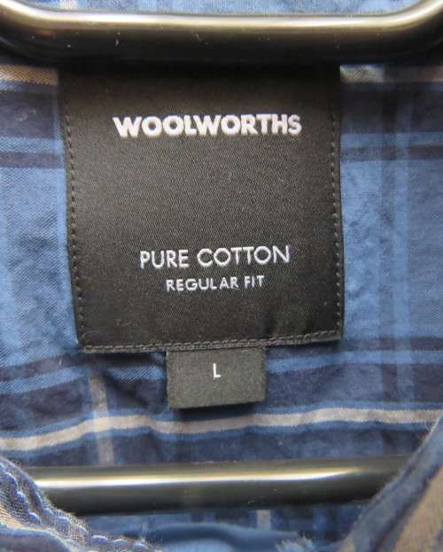 Men`s pure cotton blue/white check long sleeve shirt. Suitable for work or play.By WOOLWORTHS size L