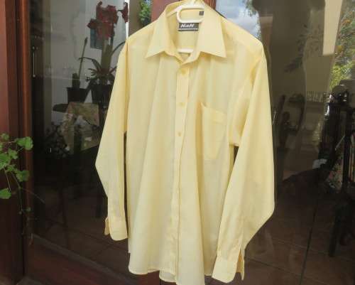 Men`s classic long sleeve butter yellow shirt by NAN size Medium.One pocket.Yoked back with pleat.