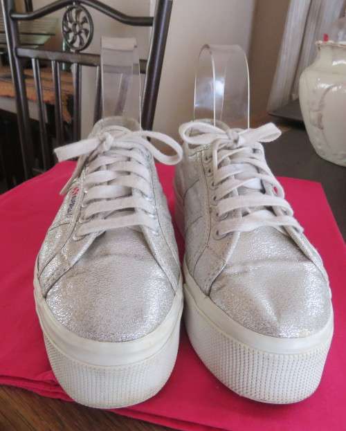 Pair white silver metallic platform sneakers by SUPERGA size 6.Gum sole.Rubber platform.New cond.