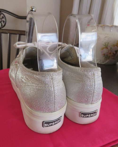 Pair white silver metallic platform sneakers by SUPERGA size 6.Gum sole.Rubber platform.New cond.