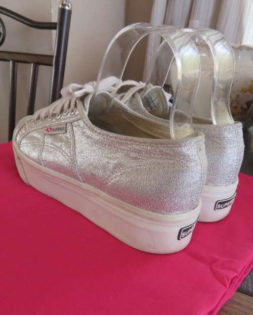 Pair white silver metallic platform sneakers by SUPERGA size 6.Gum sole.Rubber platform.New cond.