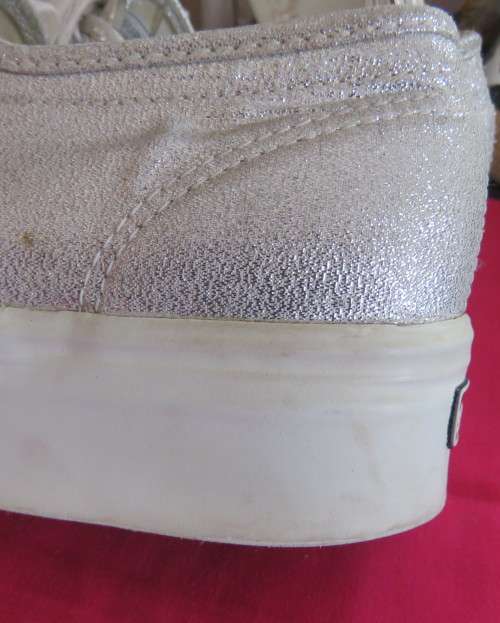 Pair white silver metallic platform sneakers by SUPERGA size 6.Gum sole.Rubber platform.New cond.