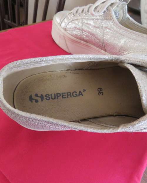 Pair white silver metallic platform sneakers by SUPERGA size 6.Gum sole.Rubber platform.New cond.