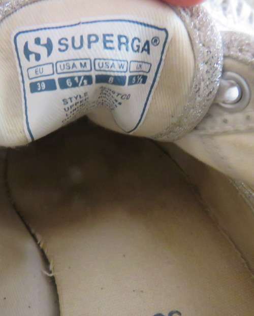 Pair white silver metallic platform sneakers by SUPERGA size 6.Gum sole.Rubber platform.New cond.