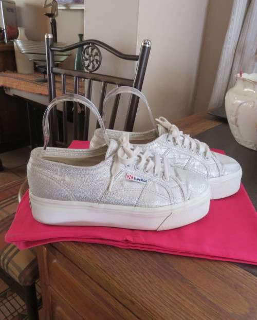 Pair white silver metallic platform sneakers by SUPERGA size 6.Gum sole.Rubber platform.New cond.