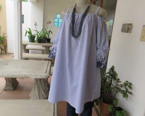 Amazing long blue/white striped top.Navy floral embroidery.Off the shoulder neckline.DONNA 44/20