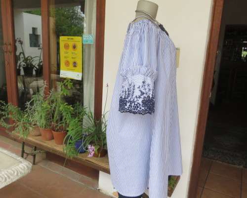 Amazing long blue/white striped top.Navy floral embroidery.Off the shoulder neckline.DONNA 44/20