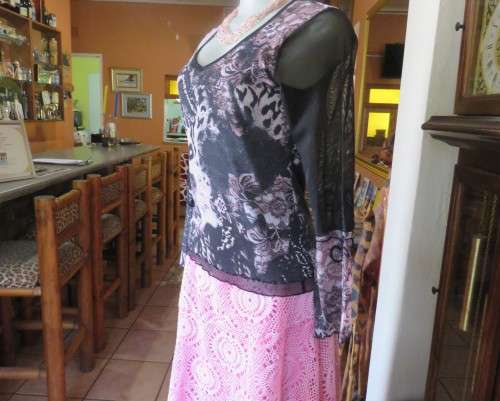 Stunning sheer black long sleeve top. Pale pink flowers on top layer.Size 34 by GOLD.Cord decoration