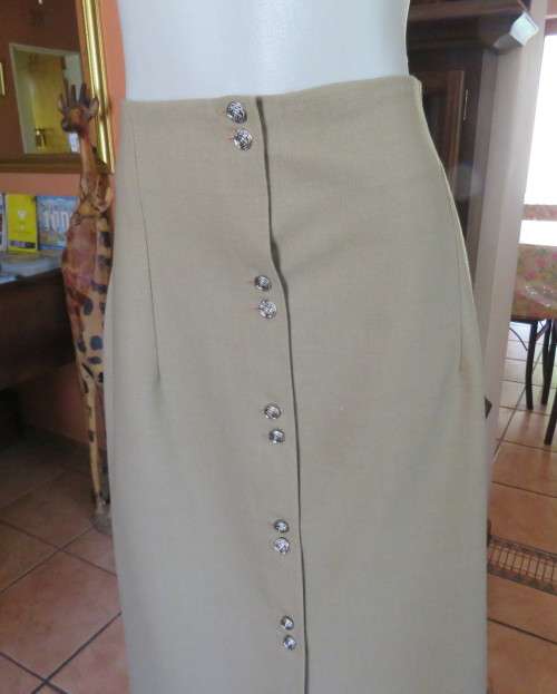 High waisted pickle green bandless button down skirt in heavy polycotton.Low calf length Size 40/16.