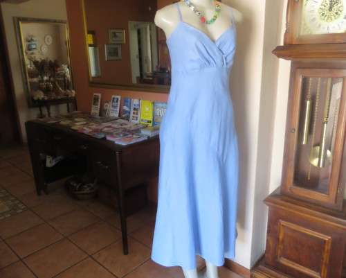 Skyblue ankle length linen dress by Oasis in sizec 36/12. Crossover bust with thin straps, As new.