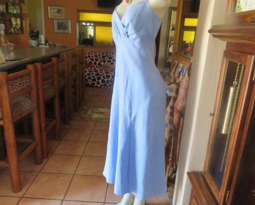 Skyblue ankle length linen dress by Oasis in sizec 36/12. Crossover bust with thin straps, As new.