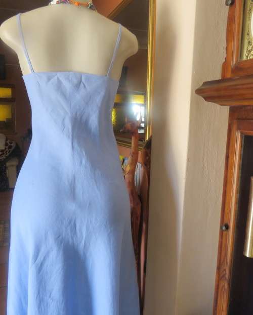 Skyblue ankle length linen dress by Oasis in sizec 36/12. Crossover bust with thin straps, As new.
