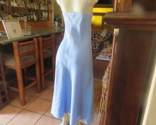 Skyblue ankle length linen dress by Oasis in sizec 36/12. Crossover bust with thin straps, As new.
