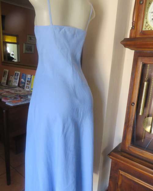 Skyblue ankle length linen dress by Oasis in sizec 36/12. Crossover bust with thin straps, As new.