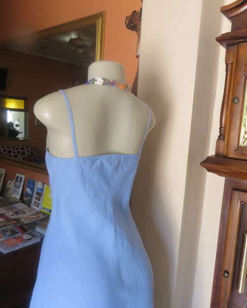 Skyblue ankle length linen dress by Oasis in sizec 36/12. Crossover bust with thin straps, As new.