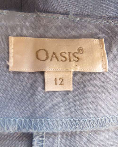 Skyblue ankle length linen dress by Oasis in sizec 36/12. Crossover bust with thin straps, As new.