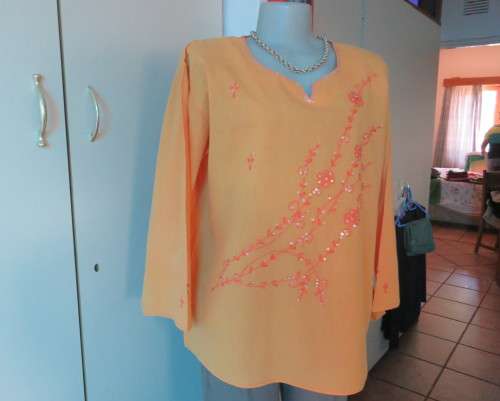Richly embroidered 100% cotton slip over long sleeve orange top  from INDIA.Size 42 oversized.As new