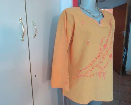 Richly embroidered 100% cotton slip over long sleeve orange top  from INDIA.Size 42 oversized.As new