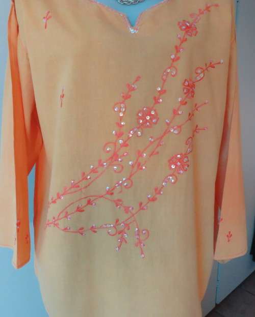 Richly embroidered 100% cotton slip over long sleeve orange top  from INDIA.Size 42 oversized.As new