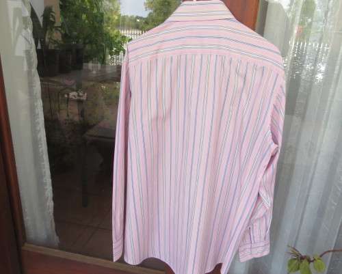Men`s high quality fine cotton CARDUCCI long sleeve shirt.Vertical striped in dull pink/navy.beige.