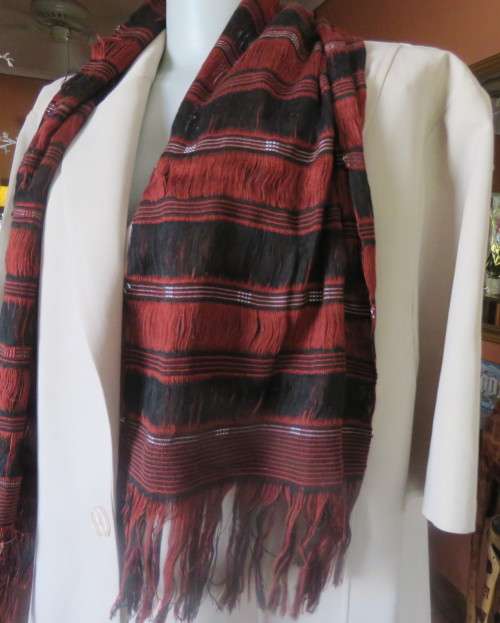 Unique burgundy/black hand woven scarf size 29cm x 120cm.Fringed.By Longneck tribe N.Thailand.New