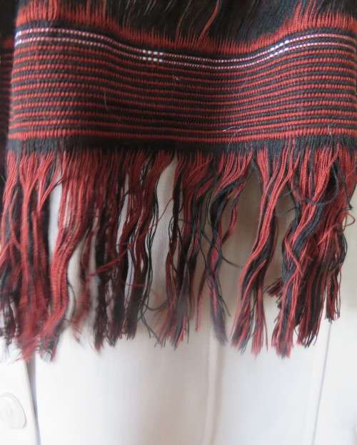 Unique burgundy/black hand woven scarf size 29cm x 120cm.Fringed.By Longneck tribe N.Thailand.New