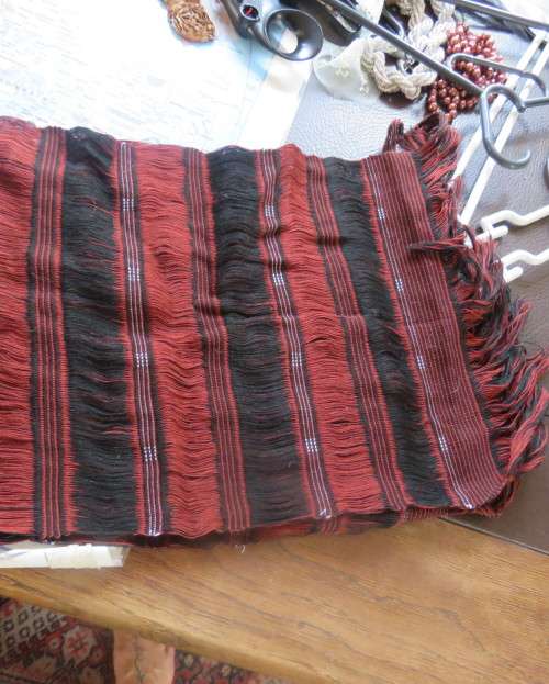 Unique burgundy/black hand woven scarf size 29cm x 120cm.Fringed.By Longneck tribe N.Thailand.New