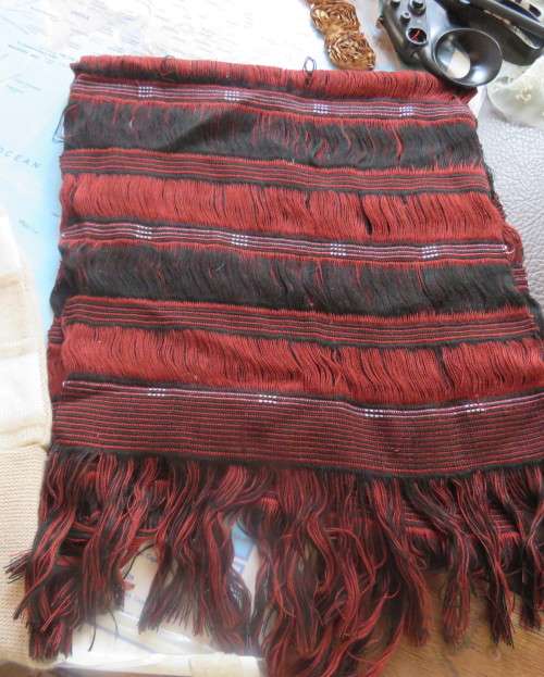 Unique burgundy/black hand woven scarf size 29cm x 120cm.Fringed.By Longneck tribe N.Thailand.New