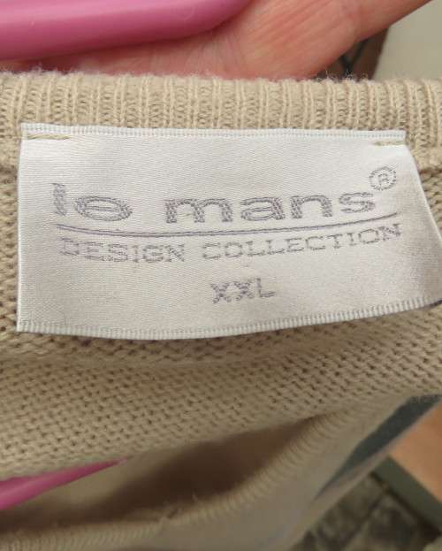 Men`s sleeveless V neck acrylic knit pullover in beige with jade/grey lines.Size XXL by LE MANS.