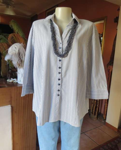 Casual light blue/navy vertical striped button down V neck top with open collar.By PENNY C size 44