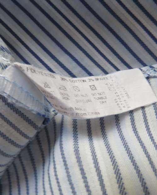 Casual light blue/navy vertical striped button down V neck top with open collar.By PENNY C size 44