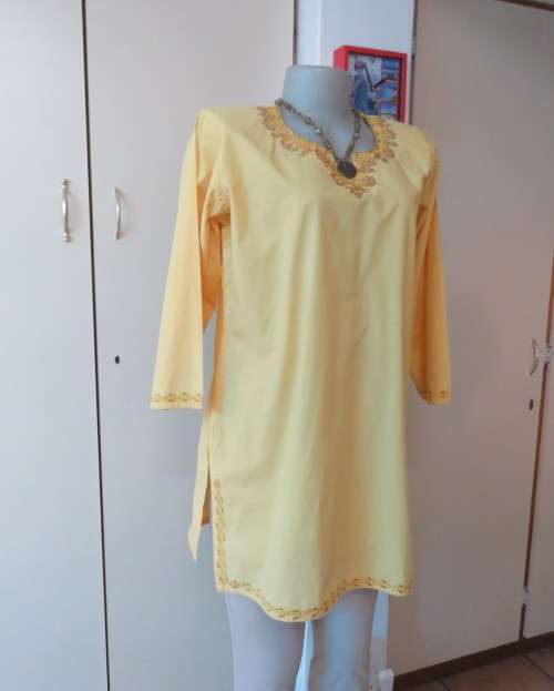 As new buttercup yellow richly embroidered top.Bracelet length sleeves.By BABA forn Kashmi.Size 40