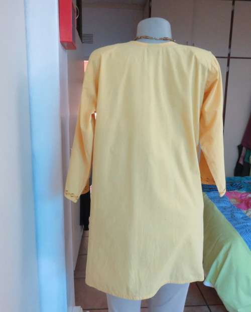As new buttercup yellow richly embroidered top.Bracelet length sleeves.By BABA forn Kashmi.Size 40