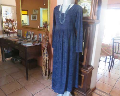 Comfy ankle length navy brushed polyester long sleeve dress.Gathered skirt.Scooped Neckline.Size 44