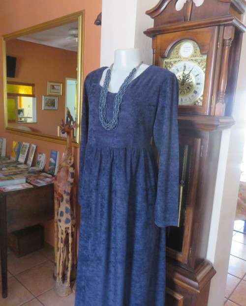 Comfy ankle length navy brushed polyester long sleeve dress.Gathered skirt.Scooped Neckline.Size 44