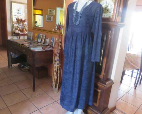Comfy ankle length navy brushed polyester long sleeve dress.Gathered skirt.Scooped Neckline.Size 44