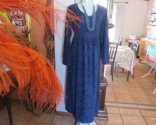 Comfy ankle length navy brushed polyester long sleeve dress.Gathered skirt.Scooped Neckline.Size 44