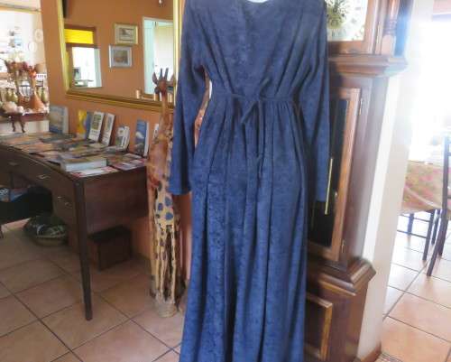 Comfy ankle length navy brushed polyester long sleeve dress.Gathered skirt.Scooped Neckline.Size 44
