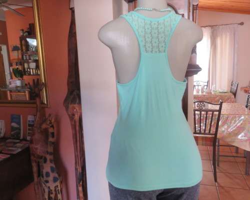 Sweet seafoam green stretch viscose with lace yoke shoulders and back .U front neckline .Size 36.