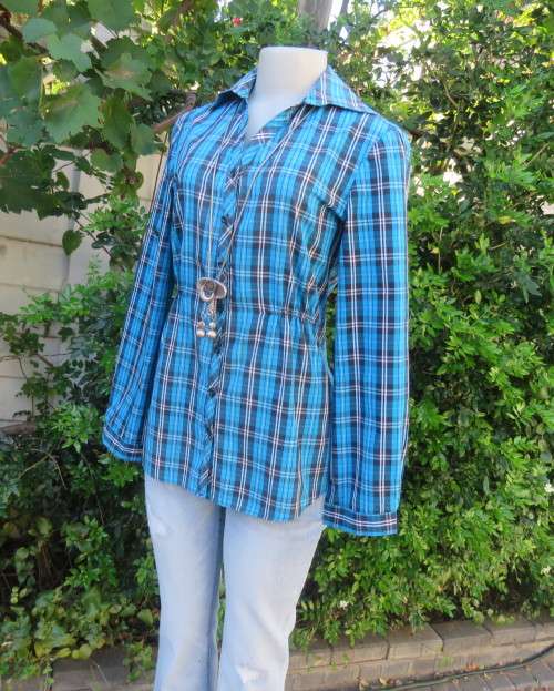 As new blue/white/navy check long button down top in 100% cotton.Waist elasticated.Size 34/10.
