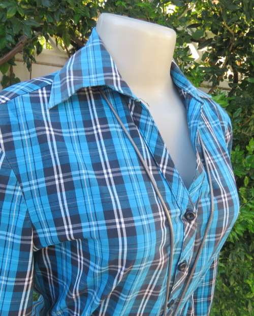 As new blue/white/navy check long button down top in 100% cotton.Waist elasticated.Size 34/10.
