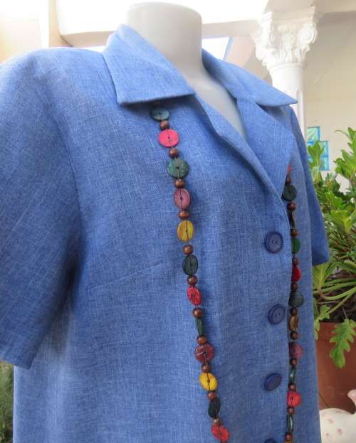 Summer 2 pc pantsuit in mottled cobalt blue polycotton,Short sleeve top,High waist pants.Size 42/44