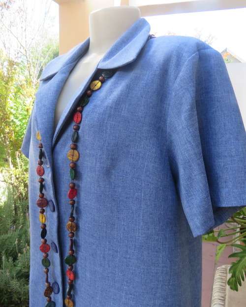 Summer 2 pc pantsuit in mottled cobalt blue polycotton,Short sleeve top,High waist pants.Size 42/44
