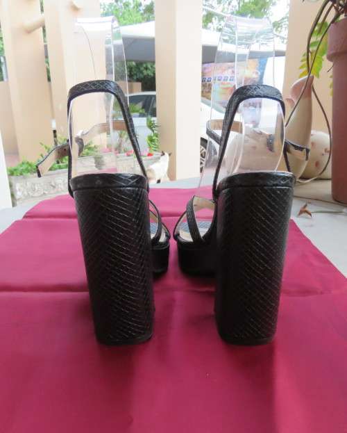 Pair of black block heel faux snake skin shoes. Ankle straps and straps over feet.Size 3.5.As new